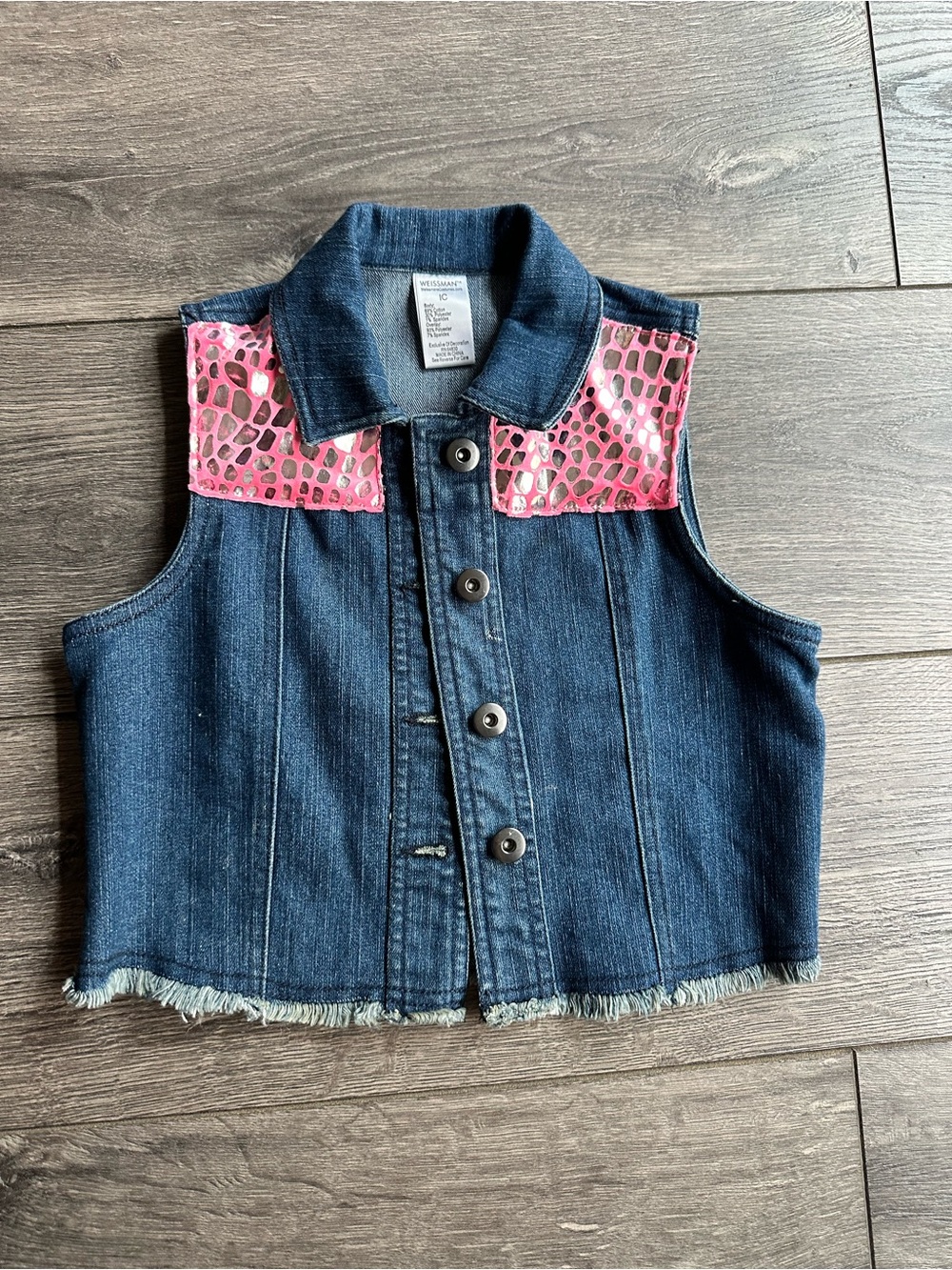 Weissman Dark Blue Denim Vest with Pink Croc-Print Shoulders
